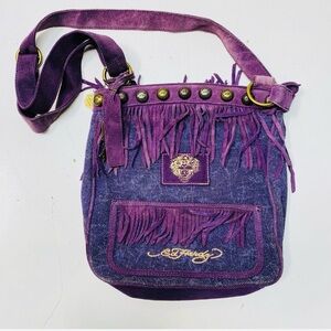 y2k Ed Hardy suede fringe studded bag